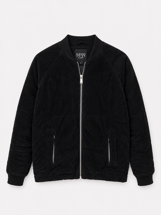 🧥 BoohooMAN Black Corduroy Bomber Jacket – Size L