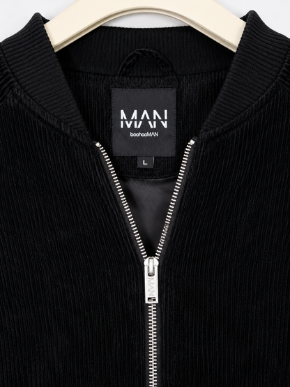 🧥 BoohooMAN Black Corduroy Bomber Jacket – Size L