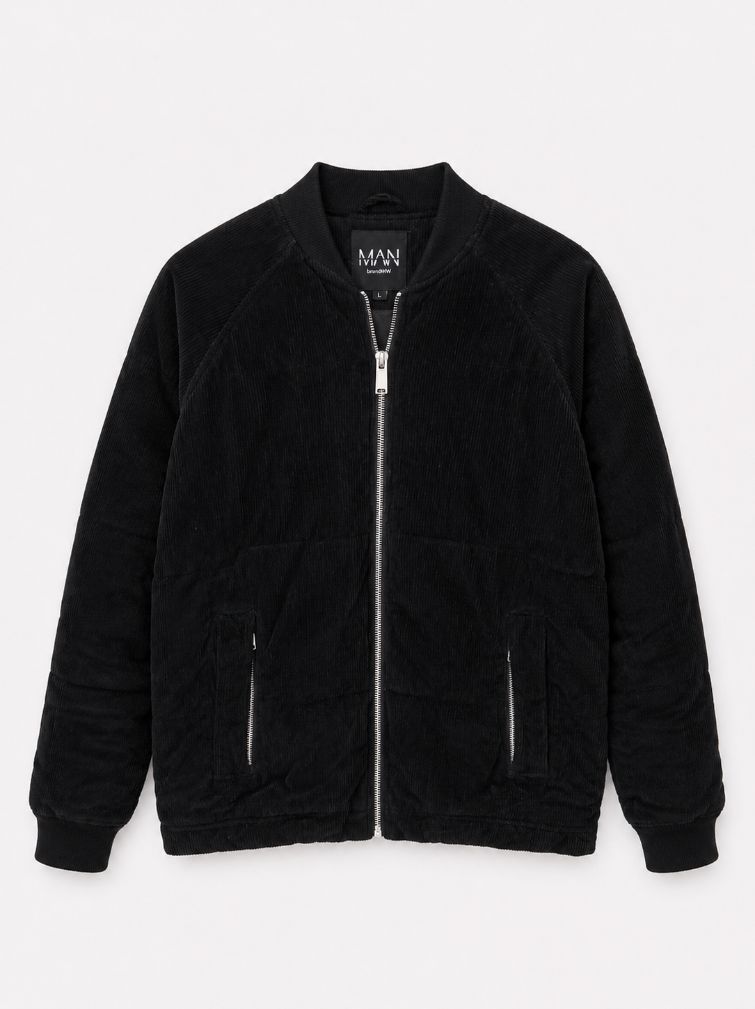 🧥 BoohooMAN Black Corduroy Bomber Jacket – Size L