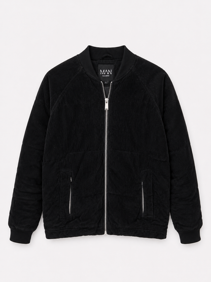 🧥 BoohooMAN Black Corduroy Bomber Jacket – Size L